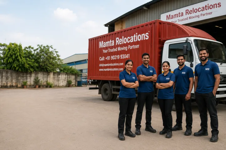 Friendly Mamta Relocations crew of men and women standing in a relaxed, confident working stance in front of their parked branded truck outside
