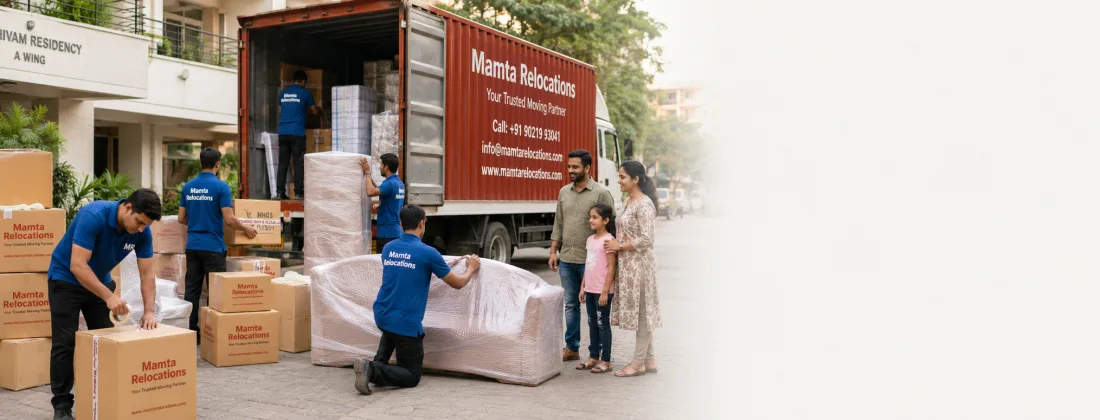 Busy relocation-day scene conveying a decade of scale: several crew members packing and wrapping goods, a loaded branded truck at a society