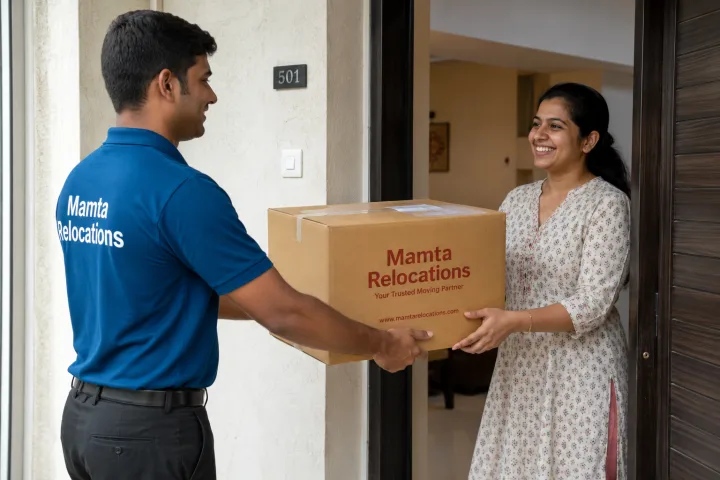 Mover gently handing a sealed, labelled carton to a smiling homeowner at her apartment doorstep, both reaching with care — a respectful