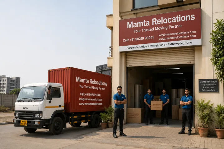 Exterior of the Mamta Relocations corporate office and warehouse in Tathawade, Pune — a modest signage-fronted building with a branded company