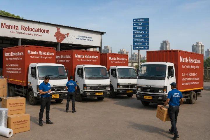Several Mamta Relocations trucks lined up at a dispatch yard being readied to depart in different directions, conveying a connected pan-India