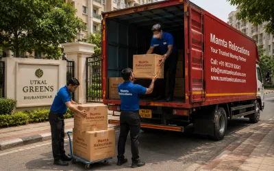 Movers stacking labelled cartons into the truck outside a neat Bhubaneswar housing colony — Mamta Relocations