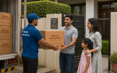 A family receiving cartons at the gate of a Chandigarh sector house beside a trimmed hedge — Mamta Relocations