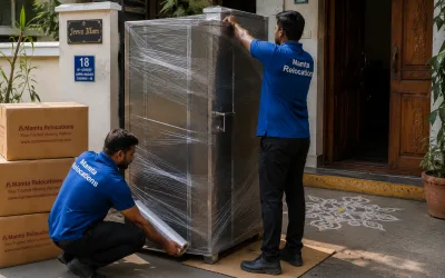 Movers wrapping a steel bureau outside a Chennai independent house with a kolam at the threshold — Mamta Relocations