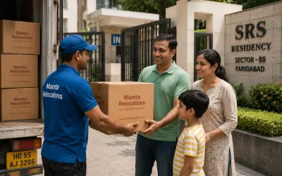 A family handover of cartons at a Faridabad society gate — Mamta Relocations