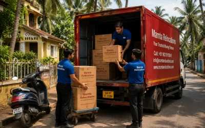 Movers loading cartons along a coconut-lined Goa lane with a scooter parked nearby — Mamta Relocations