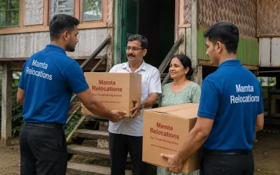 Movers handing cartons to a family outside a Guwahati Assam-type stilted house — Mamta Relocations