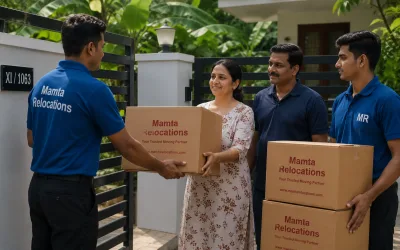 A family receiving cartons at a Kochi house gate with banana plants behind — Mamta Relocations
