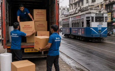 Movers stacking cartons into the truck beside a Kolkata tram line — Mamta Relocations