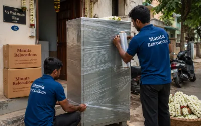 Movers wrapping a steel almirah outside a Madurai home with jasmine garlands nearby — Mamta Relocations