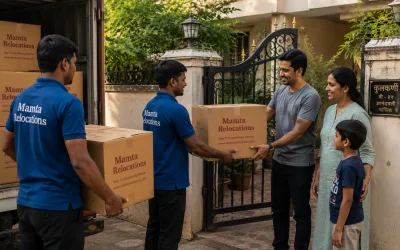 Movers handing cartons to a family at a Nashik home gate — Mamta Relocations