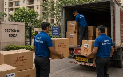 Movers loading labelled cartons outside a Noida sector society — Mamta Relocations
