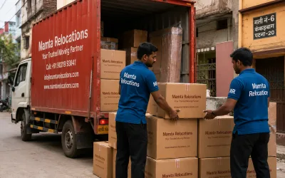 Movers stacking cartons outside a Patna residential lane — Mamta Relocations