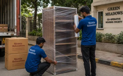 Movers wrapping a bookshelf outside a Pune housing-society gate — Mamta Relocations