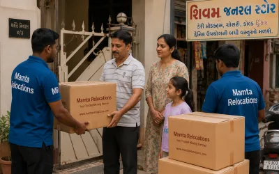 A family receiving cartons at a Rajkot home with Gujarati shop signage nearby — Mamta Relocations