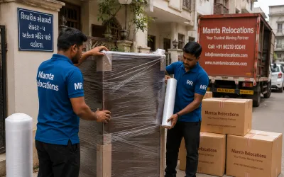Movers wrapping a cabinet outside a Vadodara residential street — Mamta Relocations