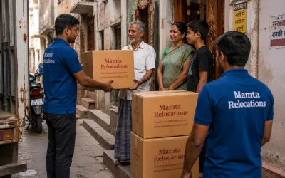 Movers handing cartons to a family in a tight Varanasi gali — Mamta Relocations