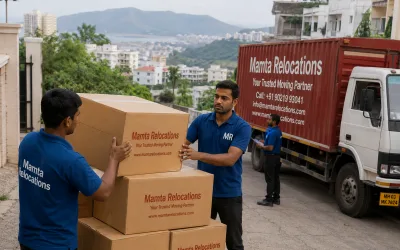 Movers stacking cartons outside a Vizag hillside colony — Mamta Relocations
