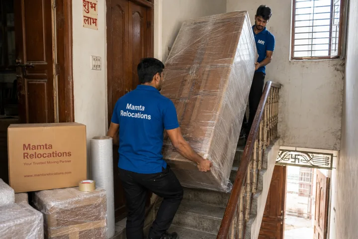 Uniformed Mamta Relocations movers carrying a wrapped almirah down the steep staircase of a traditional Prayagraj pucca house with old wooden