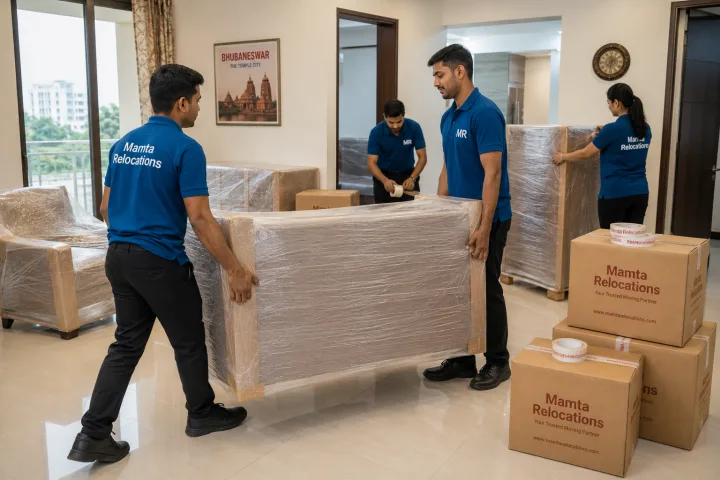 Uniformed Mamta Relocations movers shifting wrapped furniture across the bright tiled floor of a modern Bhubaneswar apartment, every item fully
