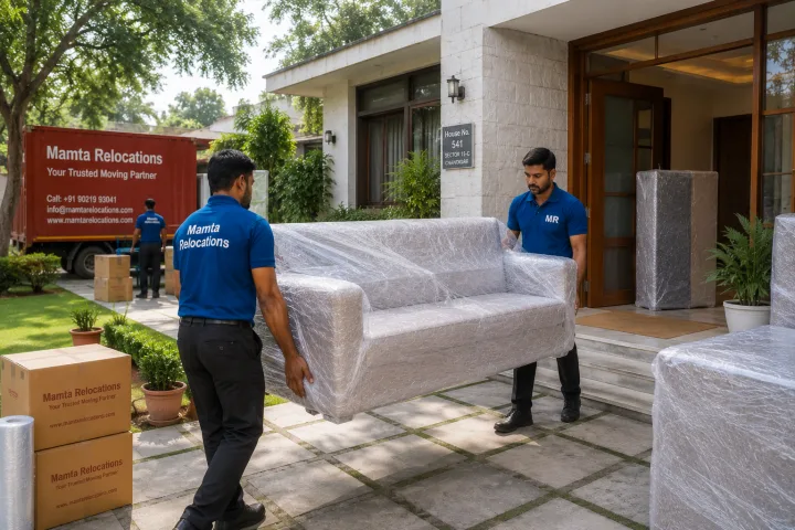 Uniformed Mamta Relocations movers carrying a wrapped sofa into a spacious Chandigarh sector kothi with a front lawn, every item fully wrapped