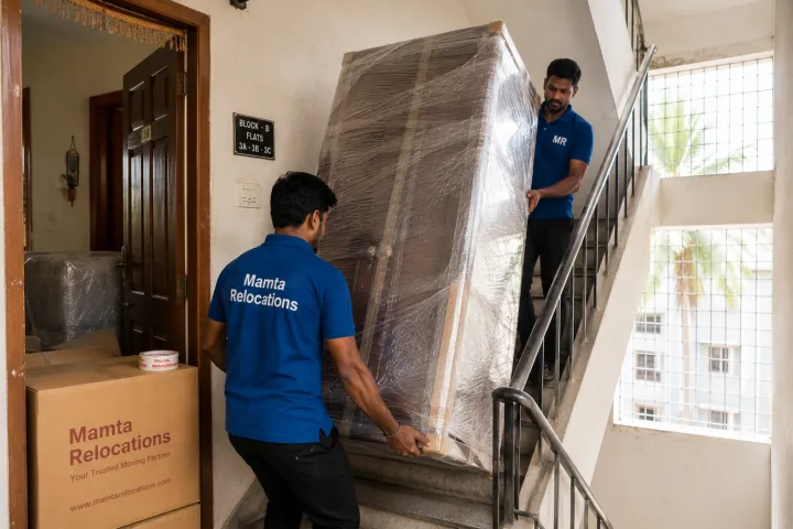 Uniformed Mamta Relocations movers carrying a wrapped wardrobe up the stairwell of a Chennai apartment block lit by harsh tropical light, every