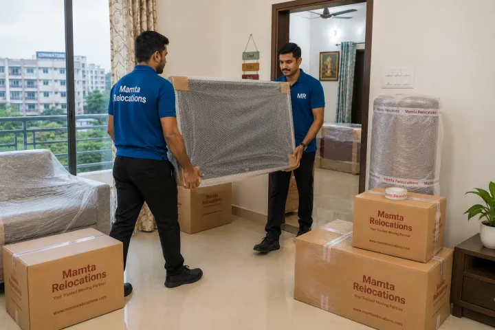 Uniformed Mamta Relocations movers carrying a bubble-wrapped television into a Coimbatore mid-rise flat, every item fully wrapped and protected