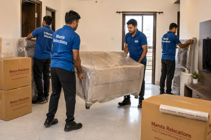 Uniformed Mamta Relocations movers shifting wrapped furniture inside a compact Faridabad builder-floor flat, every item fully wrapped and