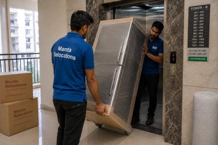 Uniformed Mamta Relocations movers maneuvering a wrapped refrigerator into a Ghaziabad high-rise lift lobby, every item fully wrapped and
