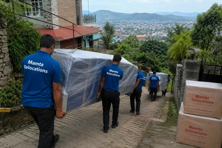 Uniformed Mamta Relocations movers carefully shifting wrapped furniture down the sloped path of a Guwahati hillside house, every item fully