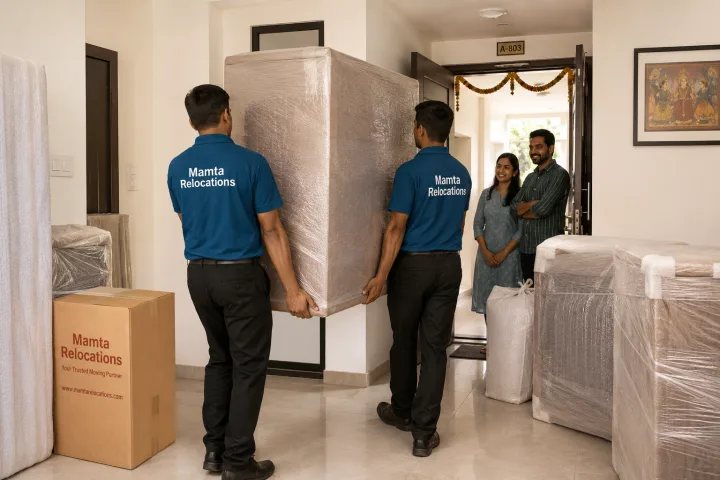 Uniformed Mamta Relocations movers carrying a wrapped almirah into an Indore apartment flat, every item fully wrapped and protected