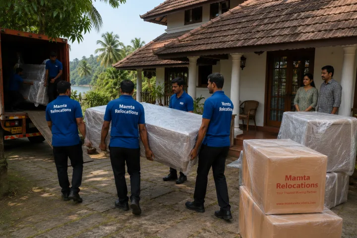 Uniformed Mamta Relocations movers carrying wrapped furniture across the courtyard of a sloping tiled-roof Kochi home, every item fully wrapped