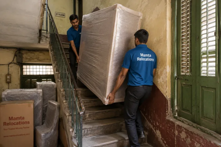 Uniformed Mamta Relocations movers carrying a wrapped wardrobe down the worn staircase of an old North Kolkata building, every item fully