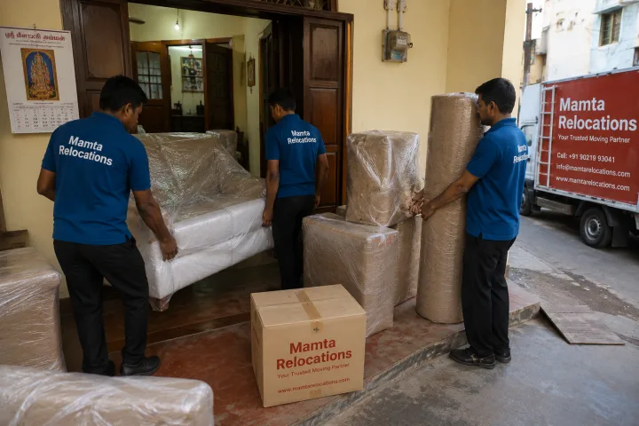 Uniformed Mamta Relocations movers shifting wrapped goods inside a traditional Madurai house on a narrow street, every item fully wrapped and
