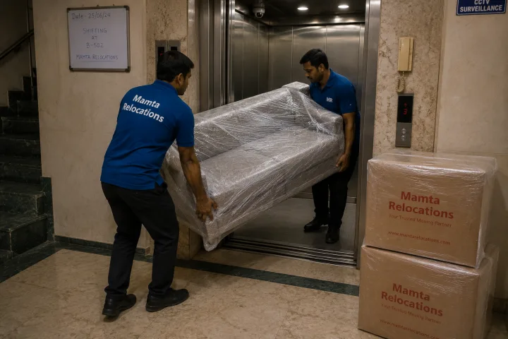 Uniformed Mamta Relocations movers maneuvering a wrapped sofa into a compact Mumbai building lift, every item fully wrapped and protected