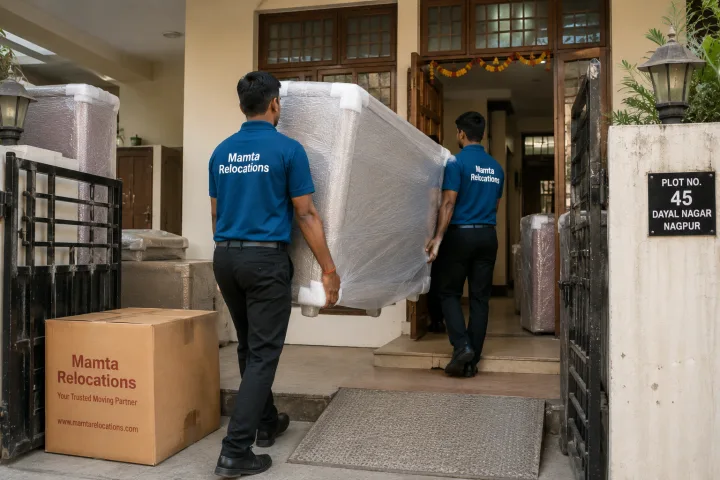 Uniformed Mamta Relocations movers carrying wrapped furniture into a Nagpur independent house, every item fully wrapped and protected