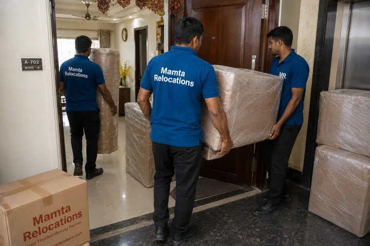 Uniformed Mamta Relocations movers carrying wrapped goods into a Nashik apartment, every item fully wrapped and protected