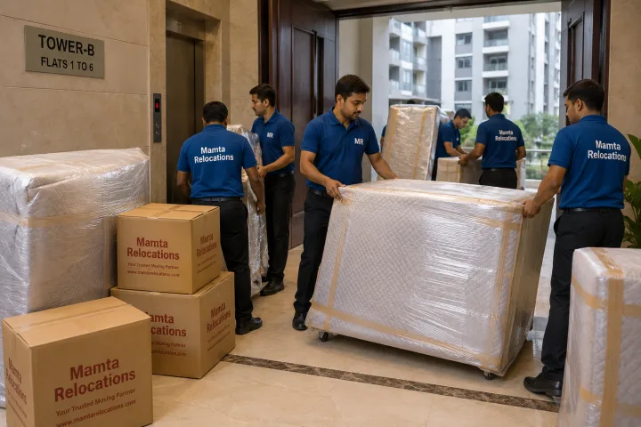 Uniformed Mamta Relocations movers shifting wrapped furniture into a Noida high-rise flat lobby, every item fully wrapped and protected