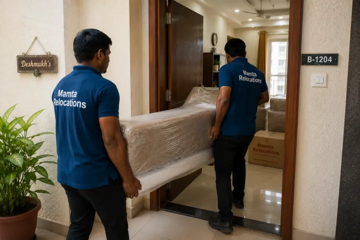 Uniformed Mamta Relocations movers carrying wrapped furniture into a Pune apartment flat, every item fully wrapped and protected