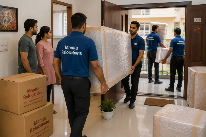 Uniformed Mamta Relocations movers carrying wrapped goods into a Raipur apartment, every item fully wrapped and protected