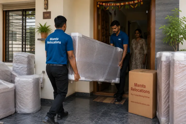Uniformed Mamta Relocations movers shifting wrapped furniture into a Rajkot independent house, every item fully wrapped and protected