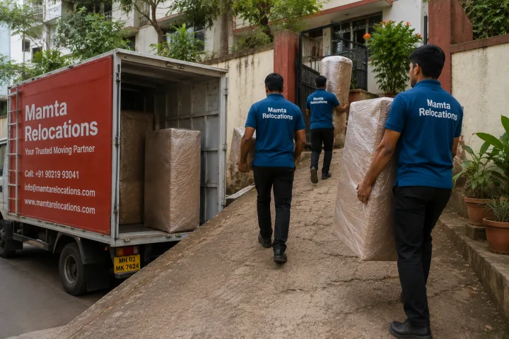 Uniformed Mamta Relocations movers carrying wrapped goods up the sloped path of a Ranchi house, every item fully wrapped and protected