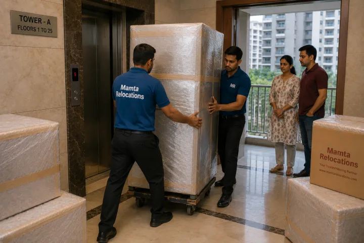 Uniformed Mamta Relocations movers maneuvering a wrapped refrigerator into a Thane tower lift lobby, every item fully wrapped and protected