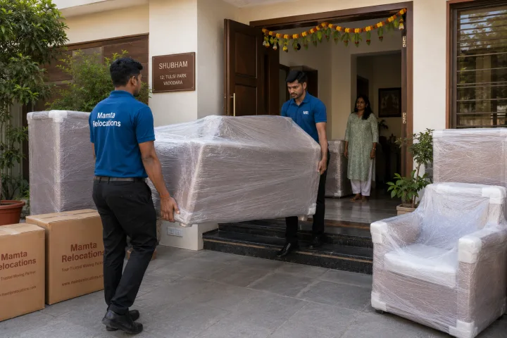Uniformed Mamta Relocations movers carrying wrapped furniture into a Vadodara bungalow, every item fully wrapped and protected