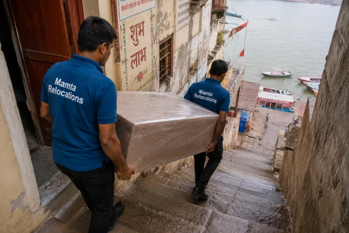 Uniformed Mamta Relocations movers carrying a wrapped trunk down the steep ghat-side steps of a Varanasi house, every item fully wrapped and