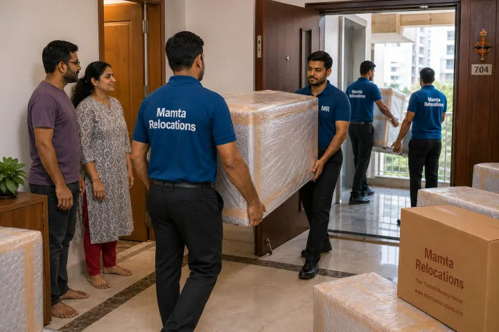 Uniformed Mamta Relocations movers carrying wrapped goods into a Vijayawada apartment, every item fully wrapped and protected