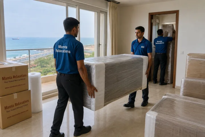 Uniformed Mamta Relocations movers carrying wrapped furniture into a Vizag sea-facing flat, every item fully wrapped and protected