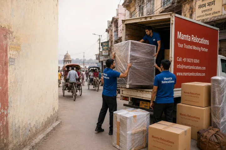 Mamta Relocations crew loading stretch-wrapped furniture and labelled cartons into their truck on a narrow old-town lane near the Sangam in