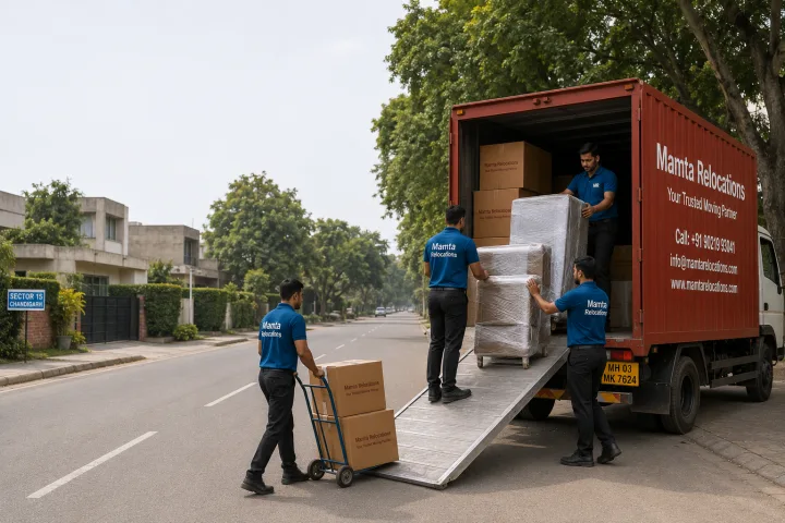 Mamta Relocations crew loading stretch-wrapped furniture and labelled cartons into their truck on a clean grid-sector road in Chandigarh lined