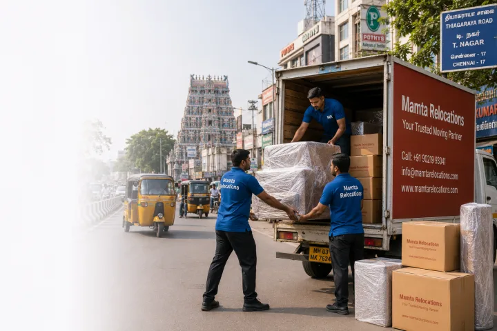 Mamta Relocations crew loading stretch-wrapped furniture and labelled cartons into their truck on a sunny T